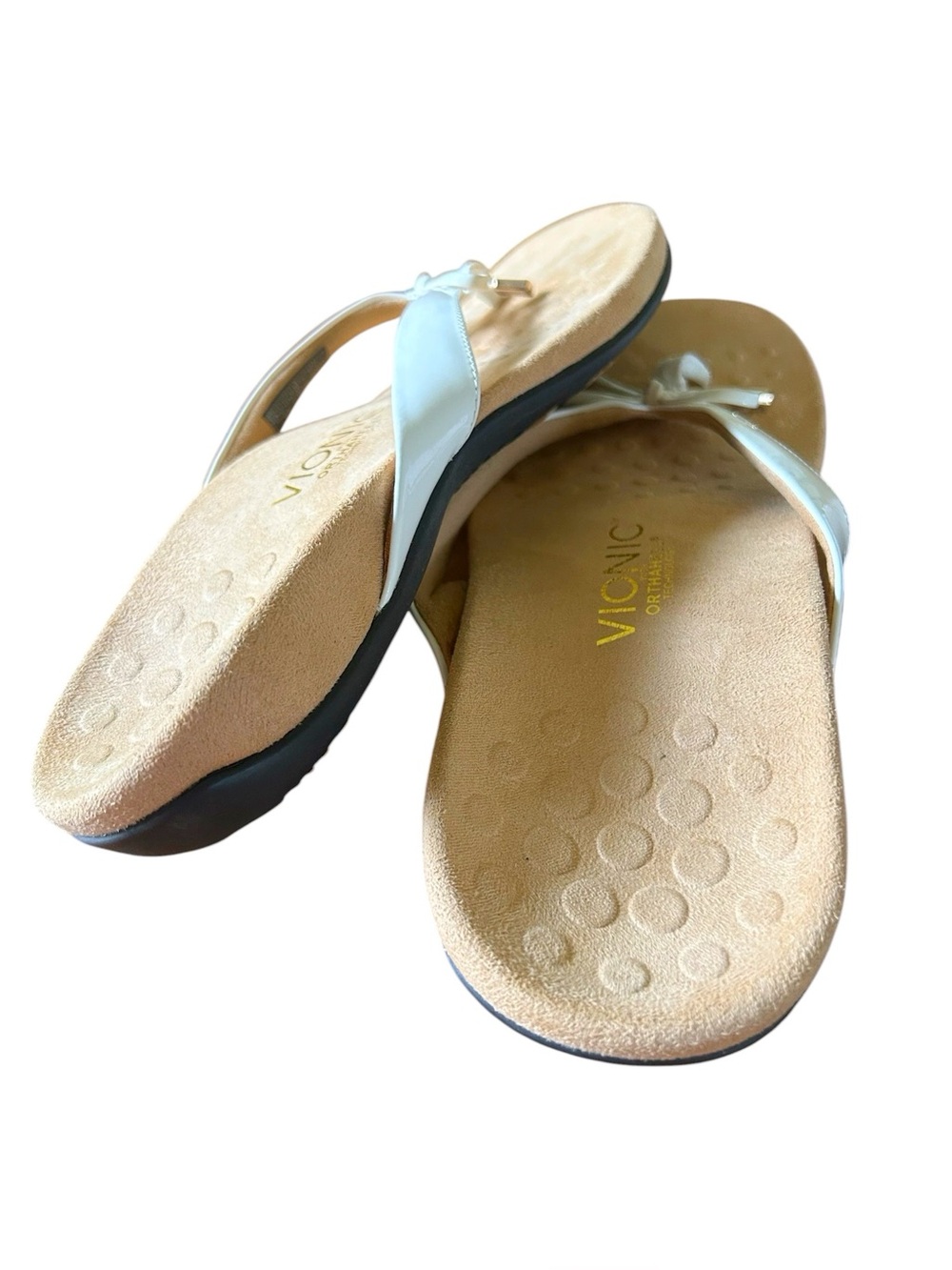 Vionic Bella Rest White Bow Toe-Post Sandal with Tan Footbed Size 10 - Picture 4 of 5